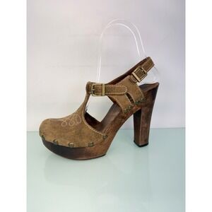 Michael Kors Mary Jane Clogs Womens 6 Brown Suede Wood Platform Mules Boho